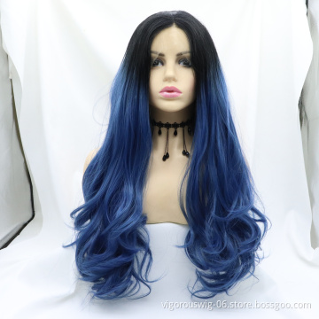 Vigorous Pre Plucked Natural Hairline Long Body Wave Ombre Blue Synthetic Lace Front Hair Wig for Women